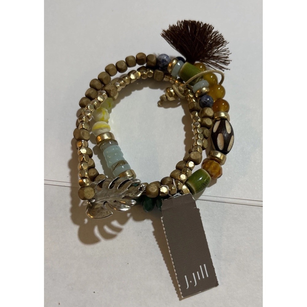 J.Jill Multicolor Beaded Stretch Bracelet Set Leaf Tassel Boho NWT $39